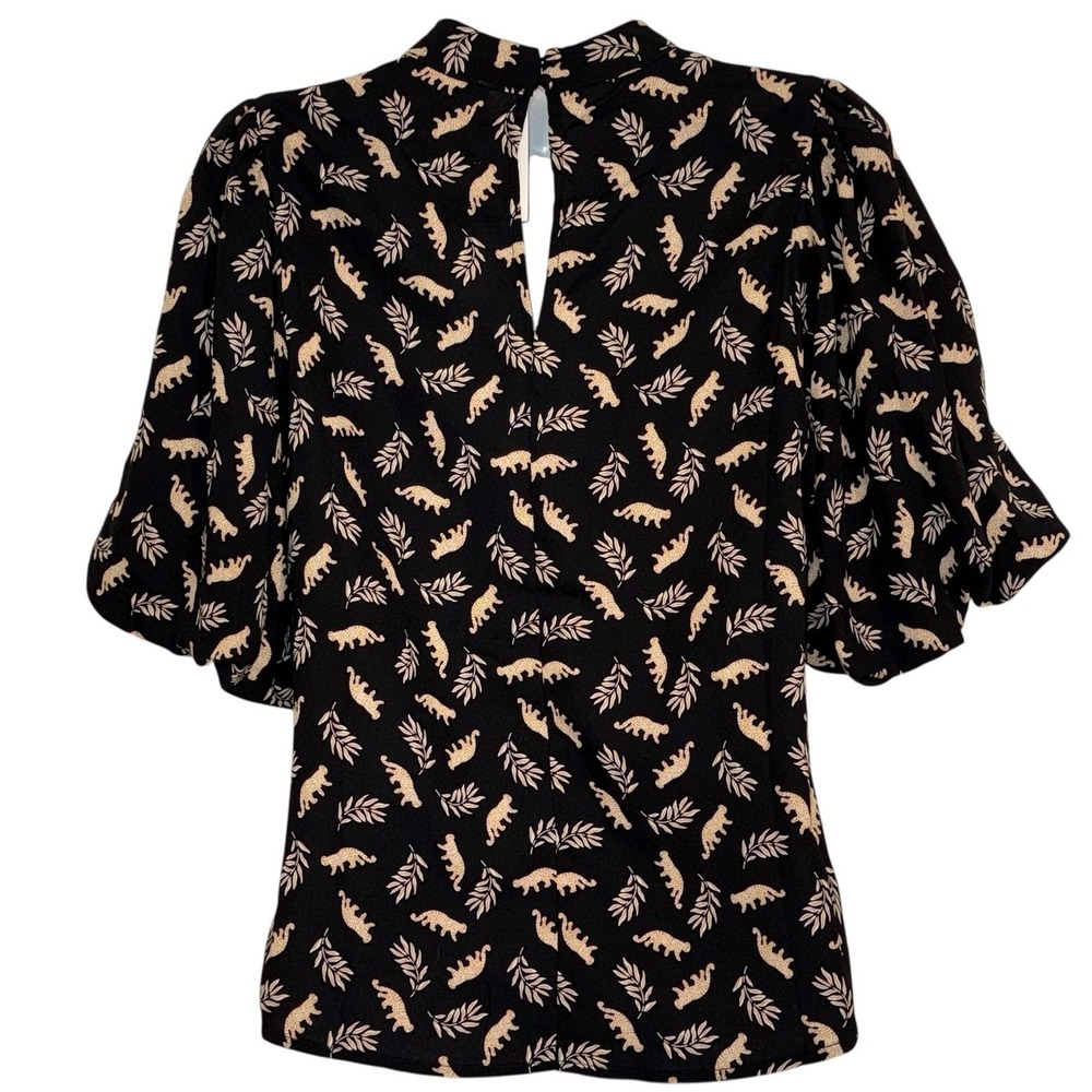 THML Leopard Leaf Print Mock Neck Puff Sleeve Black Blouse NWT $69 Small‎ - Picture 6 of 8